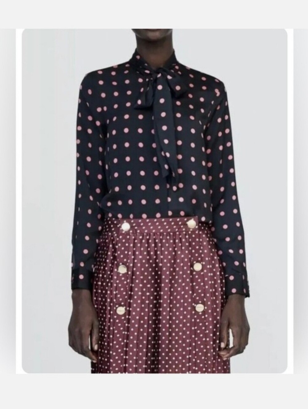 Zara Navy Polka Dot Tie-Neck Blouse - Pink Dots
